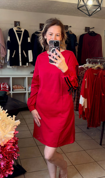 Holiday Red Sweatshirt Dress with Velvet Bow Sleeve Details