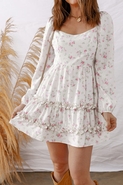 Pink Floral Long Sleeve Short Dress with Ruffle Details