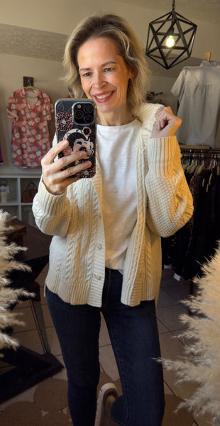 Oatmeal Button Up Cable Knit Hooded Cardigan with High-Low Hemline - Chic - Boho