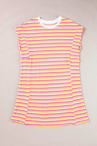 Colorful Waffle Textured Striped T-shirt Dress - Pink and Yellow