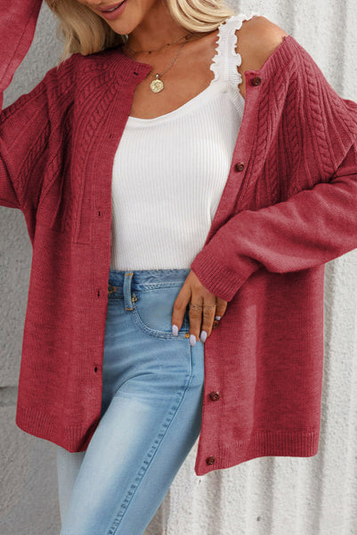 Red Dahlia Textured Detail Long Sleeve Button Down Sweater Knit Cardigan
