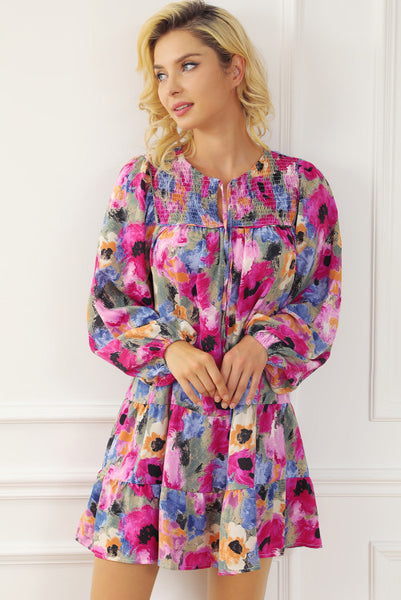 Watercolor Floral Drop Waist Dress with Smocked Neckline