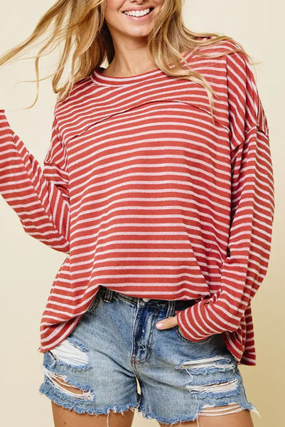 Red and White Striped Long Sleeve Top with Raw Edging Detailing