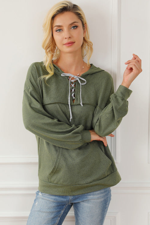 Green Lace Up Neck Hooded Pullover with Kangaroo Pocket