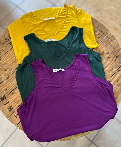 Relaxed V-neck Tank Tops - Multiple Colors - Purple, Dark Green, Mustard Yellow