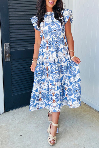 Sky Blue Botanical Print Maxi Dress