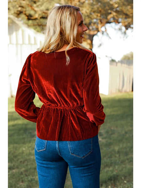 Deep Red Ribbed Velvet V-neck Peplum Top