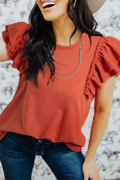 Rust Ruffle Layered Sleeve Top with Mixed Textures