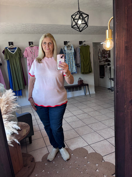 Pink Mock Neck Short Sleeve Sweater Knit Top with Wavy Contrast Trim