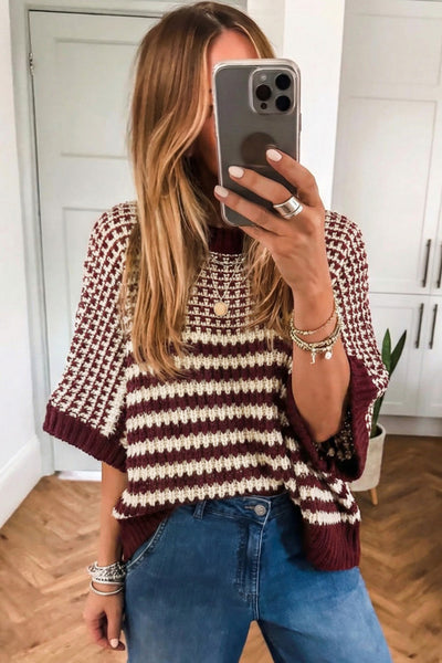 Red Dahlia Striped Colorblock 3/4 Draped Sleeve Relaxed Sweater