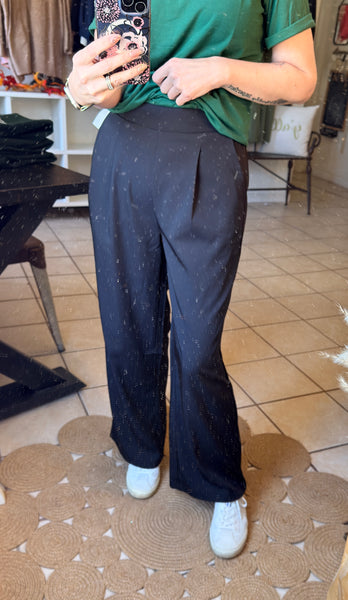 Black Pleated Detail Pull-On High Rise Pants with Elastic Waist