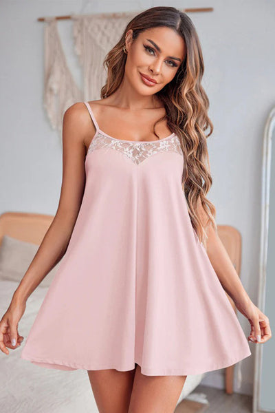 Light Pink Camisole Nightgown Dress with Sheer Lace Neckline