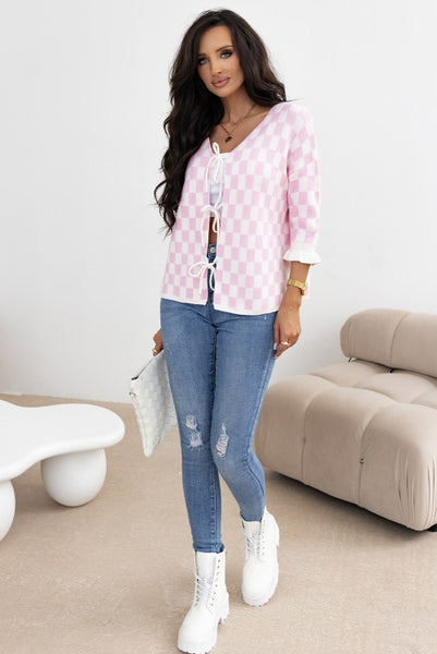 Super Soft Pink Checkered Tie Front Sweater Knit Cardigan