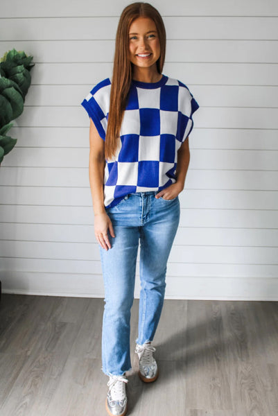 Blue and White Checkered Sweater Vest