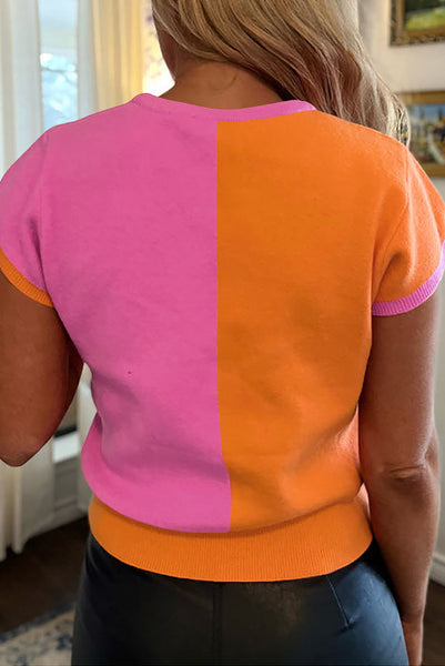 Colorblock Pink and Orange Lightweight Sweater
