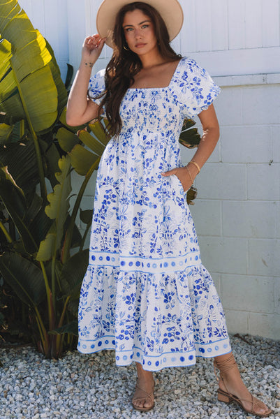 Blue Floral Tiered Maxi Dress with Smocked Bodice