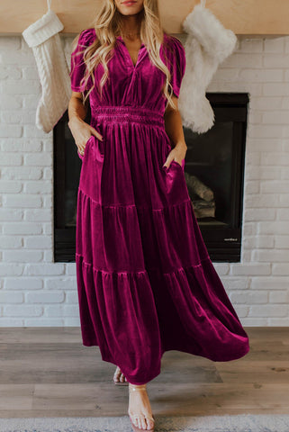 Deep Rose Pink V-neck Velvet Maxi Dress with Smocked Waist