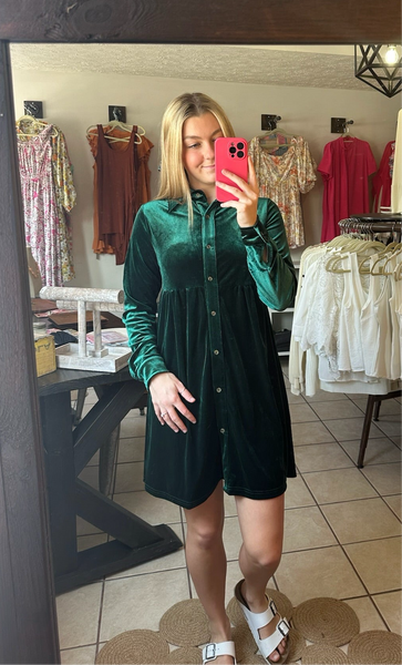 Green Long Sleeve Button Up Velvet Babydoll Dress