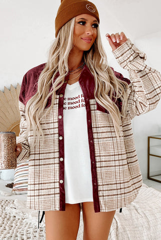 Maroon Corduroy and Plaid Patchworked Shacket