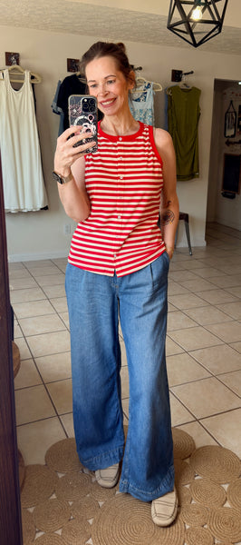Red and Cream Striped Ribbed Button Up Tank Top