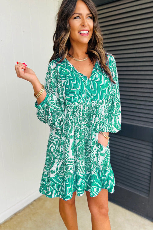 Teal Green Boho Print Dress with Puff Sleeves