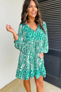 Teal Green Boho Print Dress with Puff Sleeves