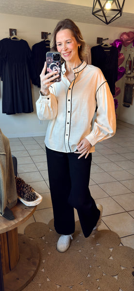 Beige and Black Contrast Trim Button Up Top
