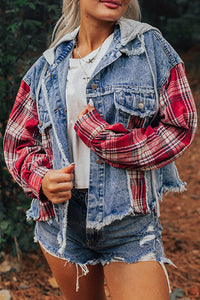 Denim and Red Plaid Patchwork Button Up Jacket with Hood