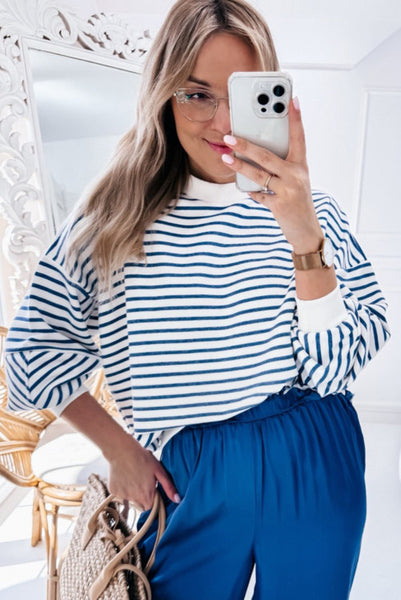 Blue and White Striped Loose Fitting Pullover