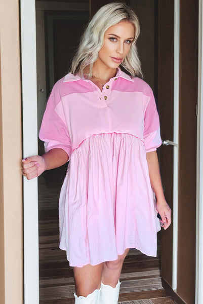 Pink Colorblock Half Sleeve Mixed Material Collared Shirt Dress with Pockets