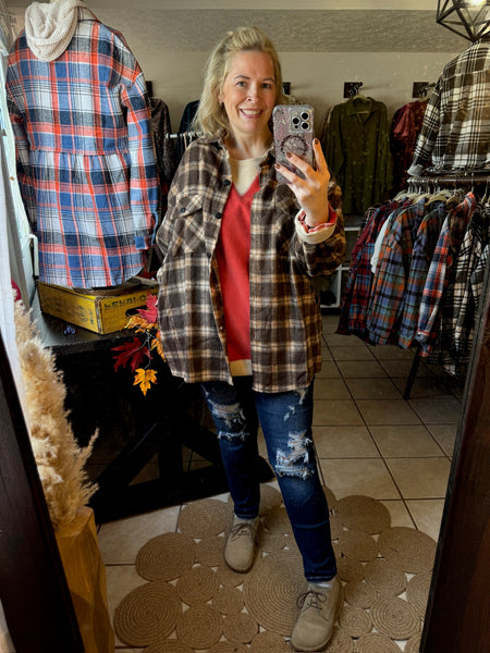 Brown Plaid Shacket with Elastic Gathered Wrists