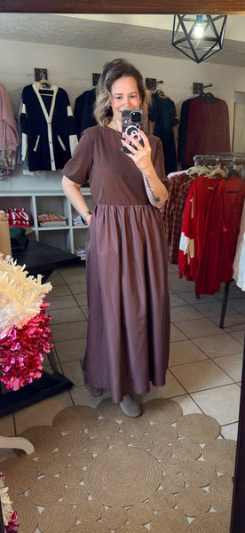 Brown Short Sleeve Knit Top Patchwork Maxi Dress