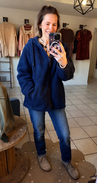 Navy Blue Zip Up Sherpa Hooded Jacket - Fully Lined