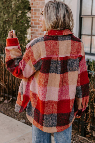 Curvy Maroon Plaid Fuzzy Button Up Shacket