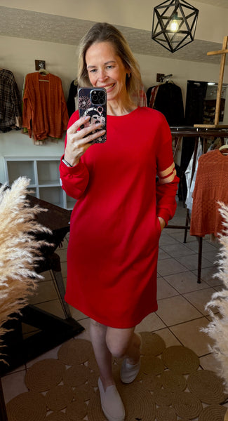Red Shift Sweatshirt Dress with Sleeve Contrasting Varsity Stripes and Pockets