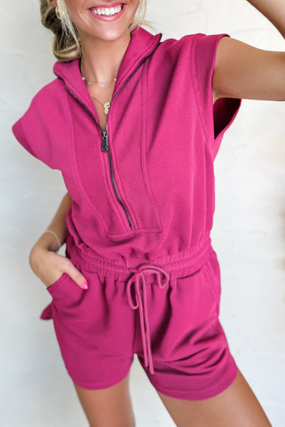 Rose Pink Ribbed Zip Up Sleeveless Romper with Functional Drawstring