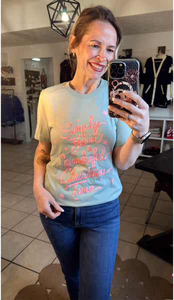 'Simply Havin' a Wonderful Christmas Time' Graphic Tee - Aqua Blue Tee - Pink Christmas - Bella Canvas