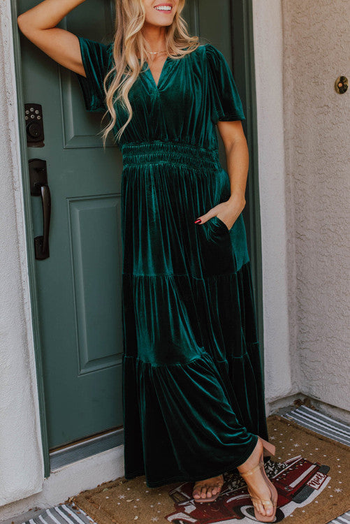 Green V-neck Velvet Maxi Dress with Smocked Waist