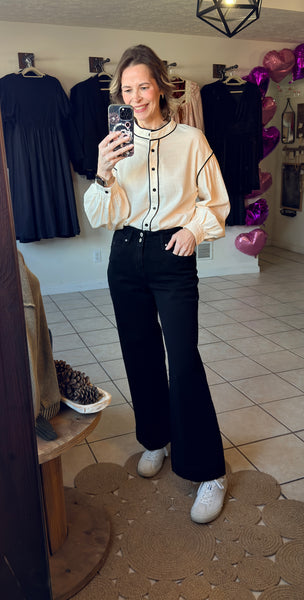 Beige and Black Contrast Trim Button Up Top