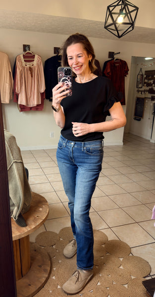 Black Ribbed Ruffle Trim Short Sleeve Top