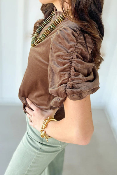 Mocha Brown Velvet Short Puff Sleeve Top