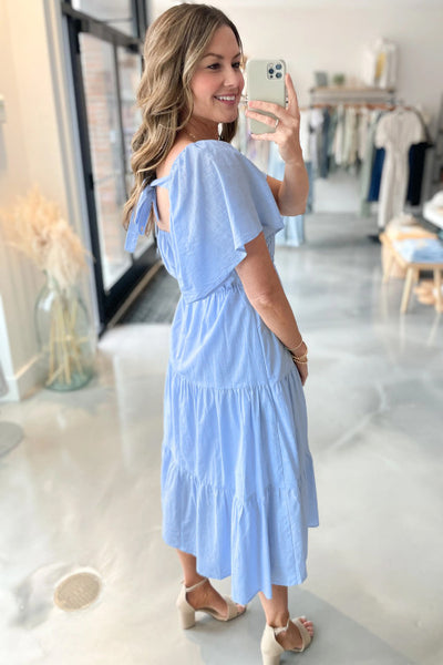 Light Blue Square Neck Lace Detail Dress with Flowy Sleeves and Tie Back