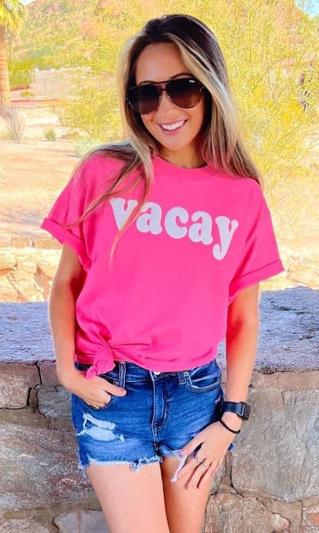 Pink ‘Vacay’ Tee with Puff Lettering