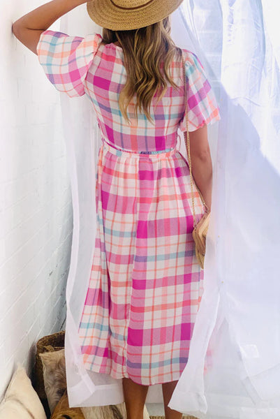 Pink Plaid Checkered Midi Belted Dress with Puff Sleeves