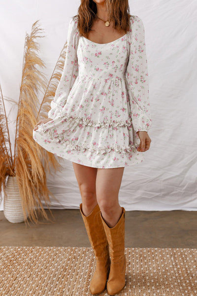 Pink Floral Long Sleeve Short Dress with Ruffle Details