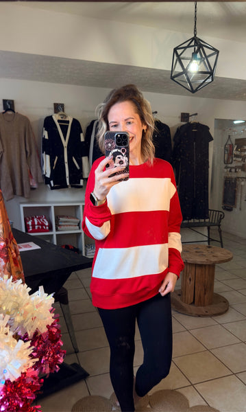 Red Colorblocked Drop Shoulder Sweatshirt Pullover - Striped