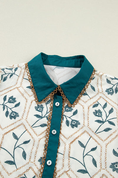 Geometric Floral Print Lace Trim Collared Short Sleeve Dress