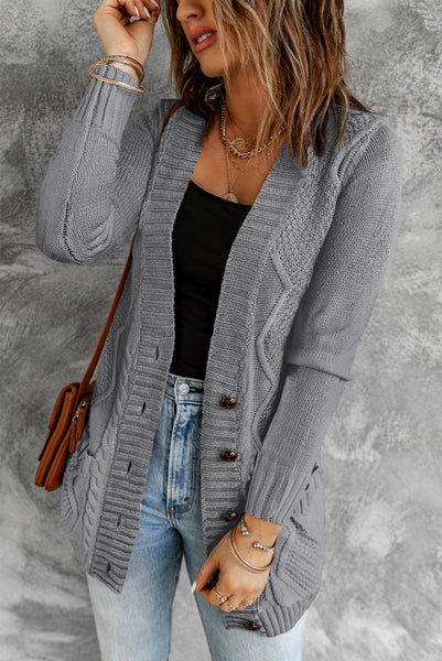 Gray Cable Knit Mid Length Cardigan