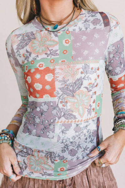 Mixed Floral Print Patchwork Sheer Mesh Top