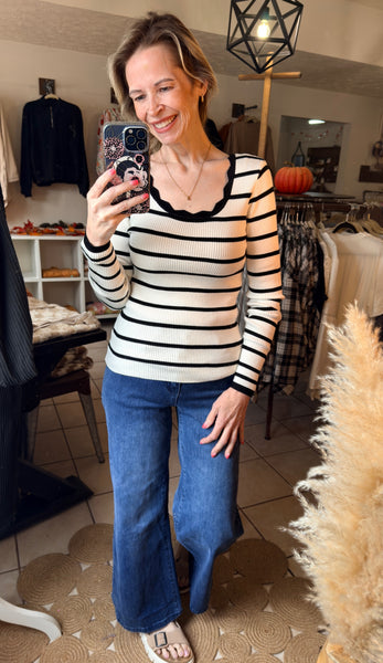 Black and White Striped Long Sleeve Ribbed Top with Scalloped Neckline Trim